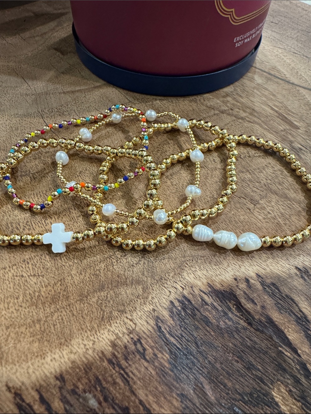 Gold Pearl Stackable Beaded Bracelet Set with White Cross Accent - Picture 14 of 14